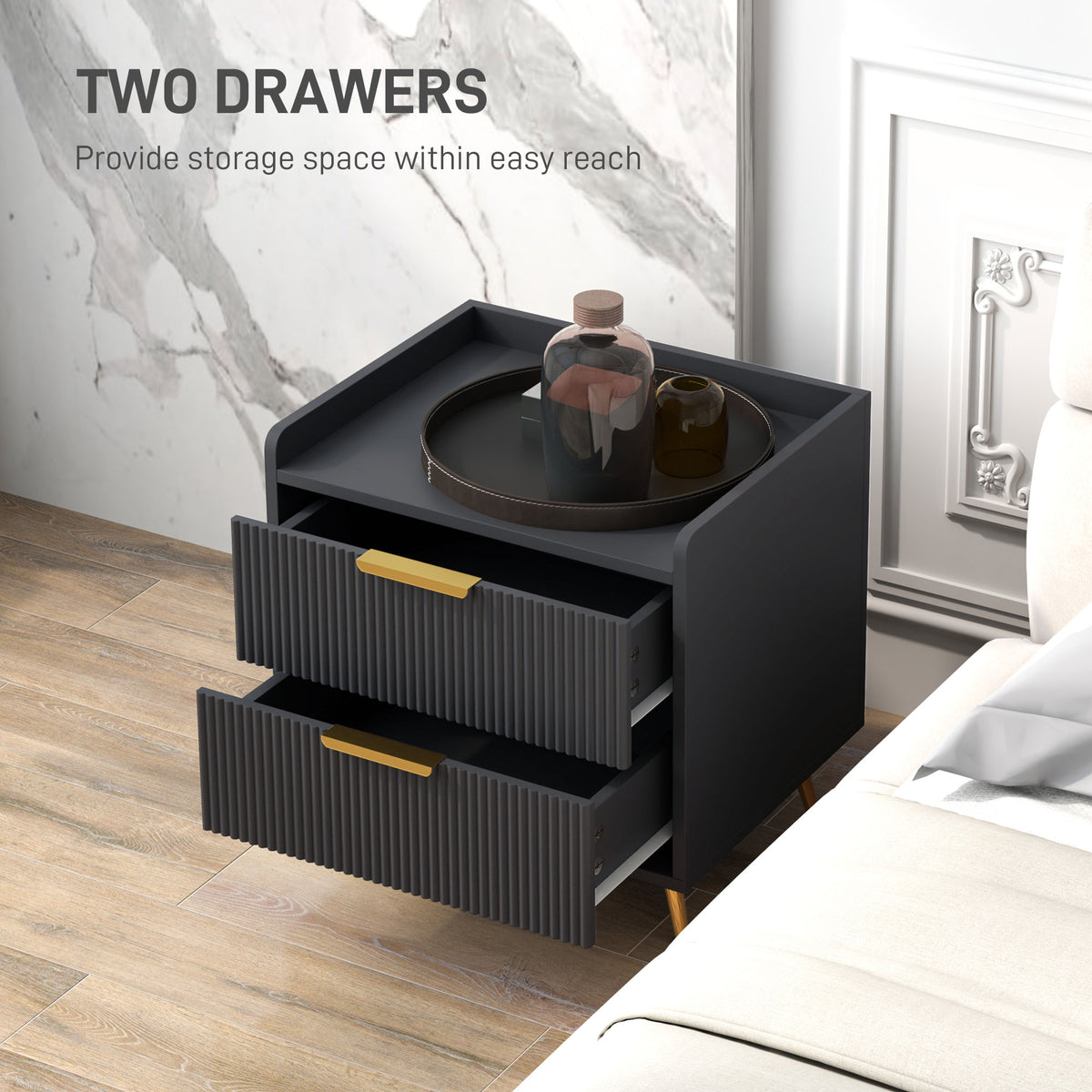 2-Drawer Nightstand - Black Bedside Table with Metal Legs-Home Furnishings > Bedroom Furniture > Bedside Tables-DECOROLALA