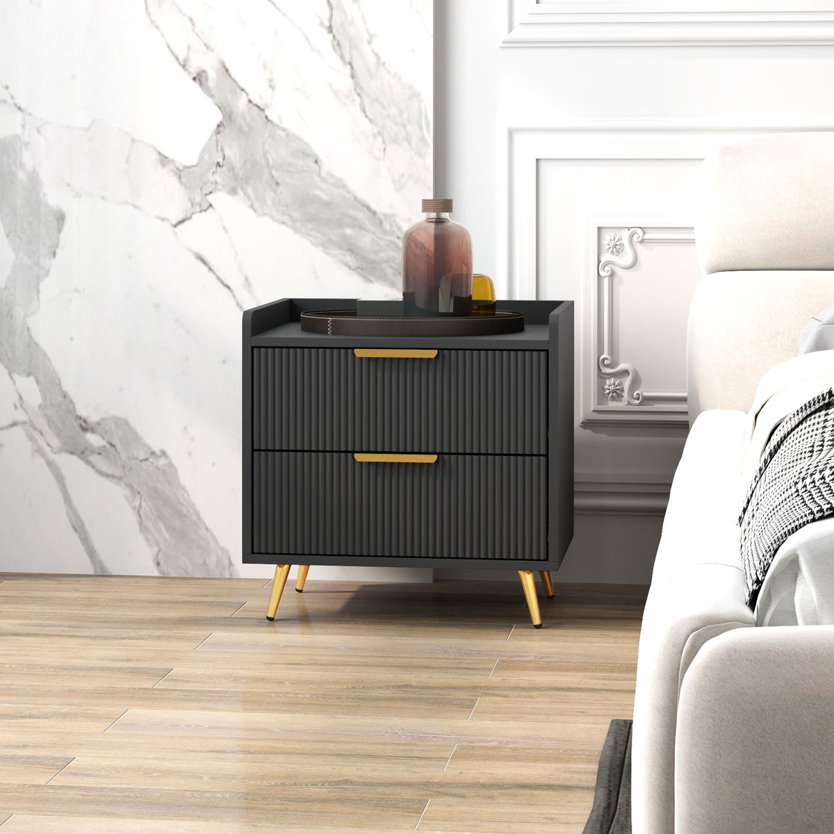 2-Drawer Nightstand - Black Bedside Table with Metal Legs-Home Furnishings > Bedroom Furniture > Bedside Tables-DECOROLALA