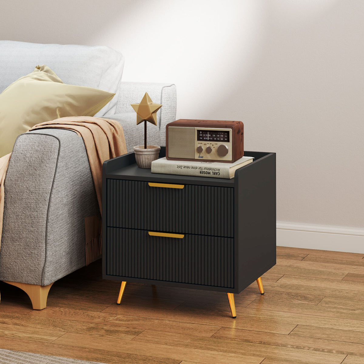 2-Drawer Nightstand - Black Bedside Table with Metal Legs-Home Furnishings > Bedroom Furniture > Bedside Tables-DECOROLALA