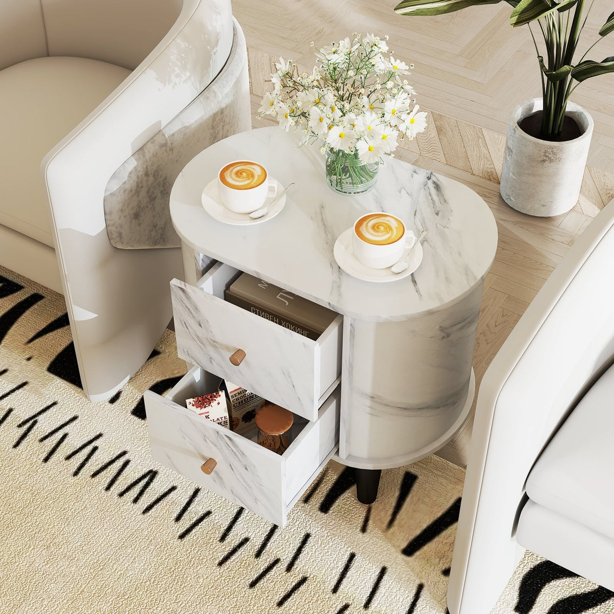 2-Drawer Nightstand Modern Faux Marble Bedside Table with Storage-White-Nightstands-DECOROLALA