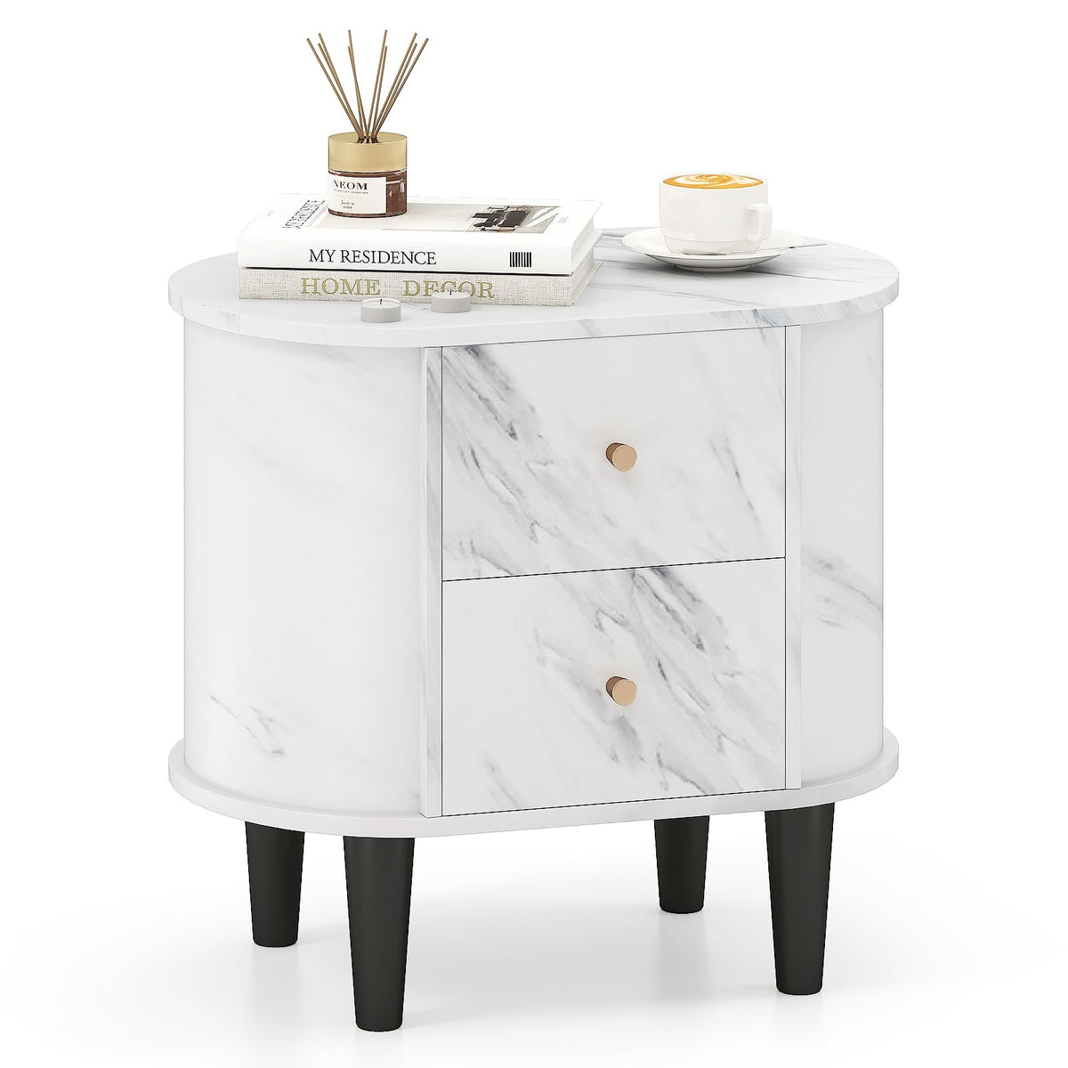 2-Drawer Nightstand Modern Faux Marble Bedside Table with Storage-White-Nightstands-DECOROLALA
