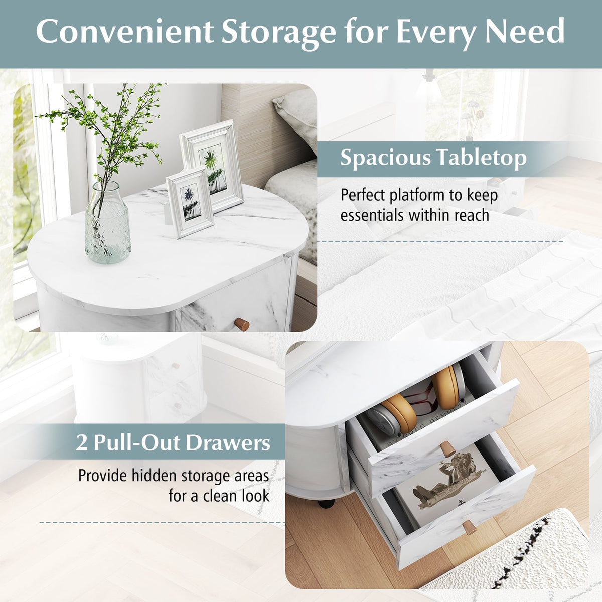 2-Drawer Nightstand Modern Faux Marble Bedside Table with Storage-White-Nightstands-DECOROLALA