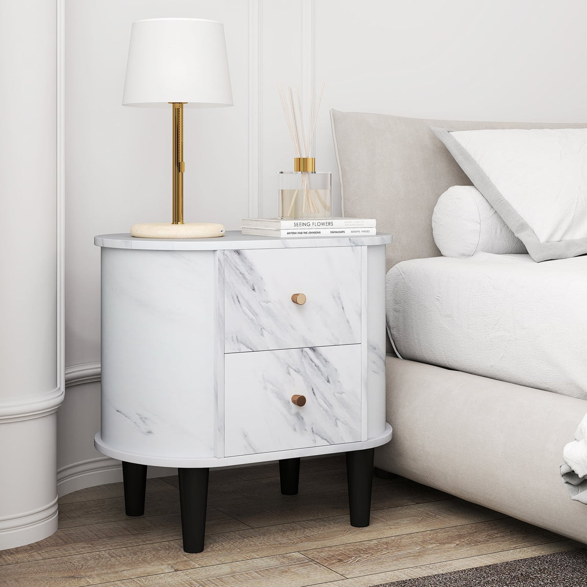 2-Drawer Nightstand Modern Faux Marble Bedside Table with Storage-White-Nightstands-DECOROLALA
