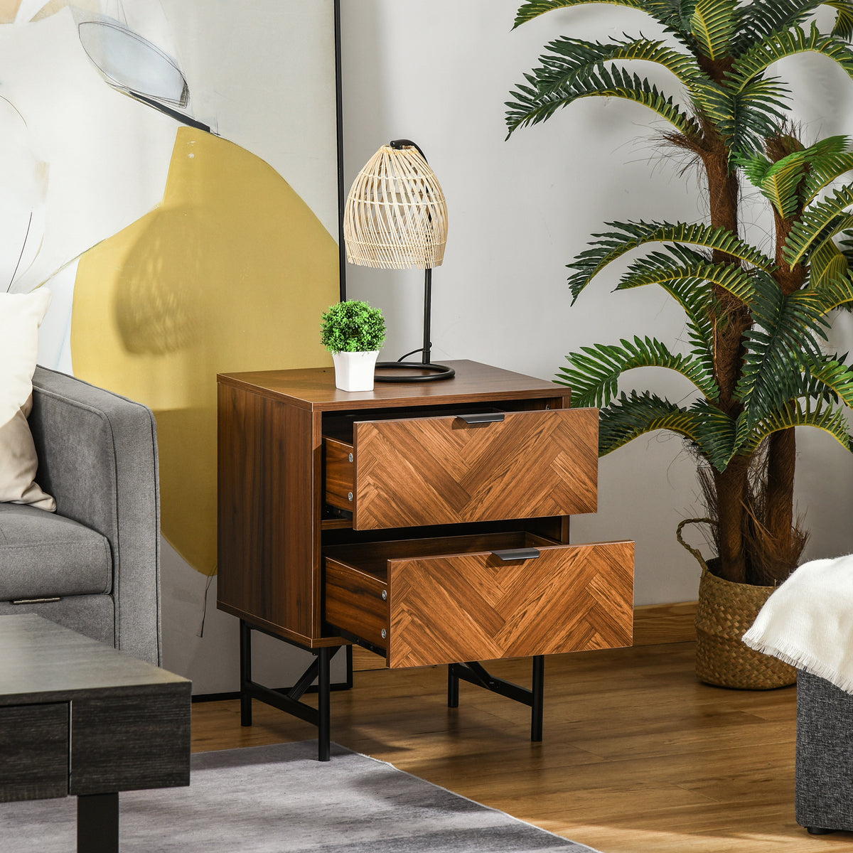 2-Drawer Nightstand - Walnut Brown Herringbone 19"W-Home Furnishings > Storage & Organization > Storage Cabinets-DECOROLALA