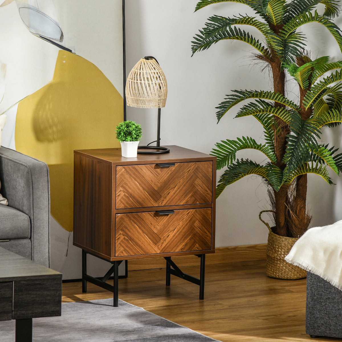 2-Drawer Nightstand - Walnut Brown Herringbone 19"W-Home Furnishings > Storage & Organization > Storage Cabinets-DECOROLALA