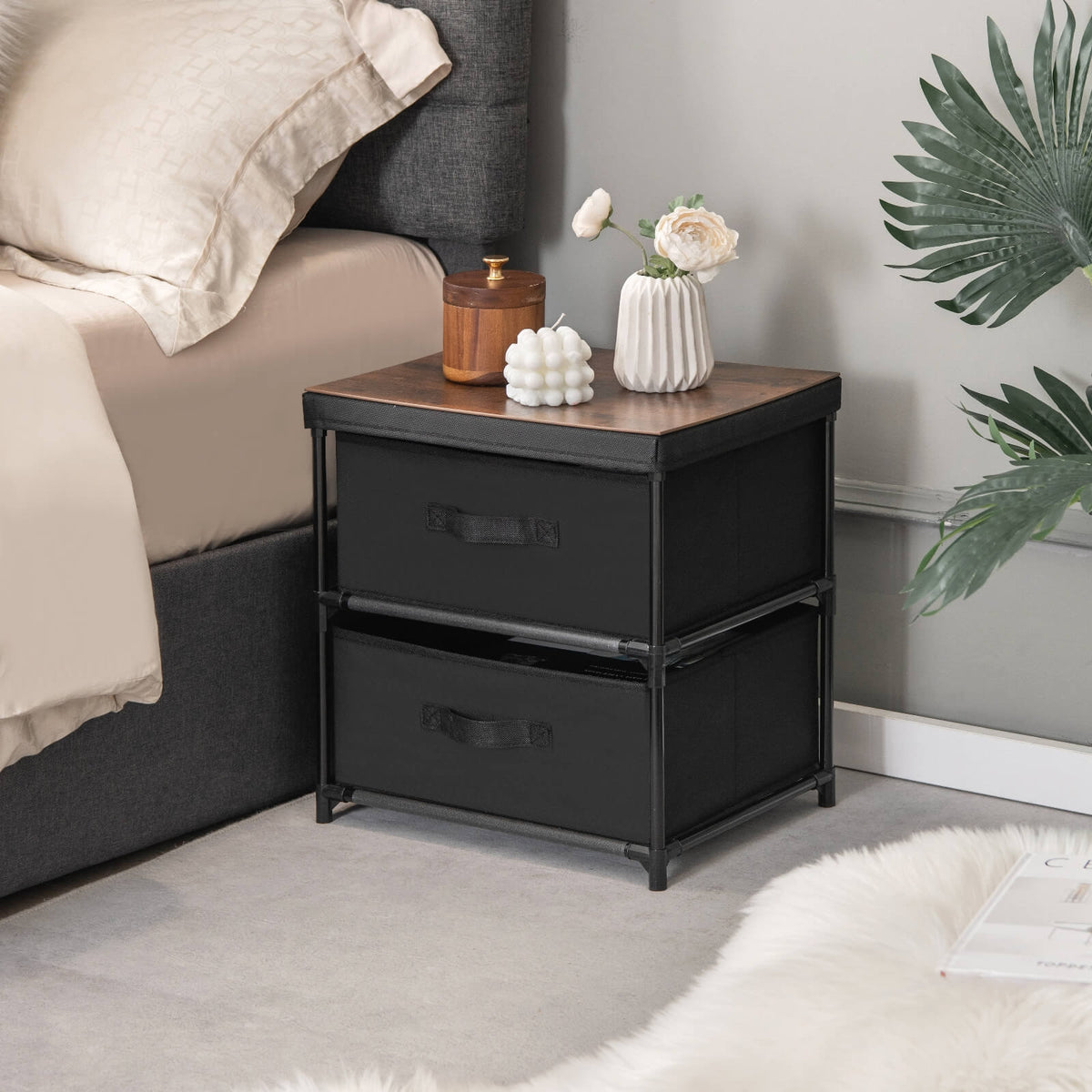 2-Drawer Nightstand with Removable Fabric Bins and Pull Handles-Black-Nightstands-DECOROLALA