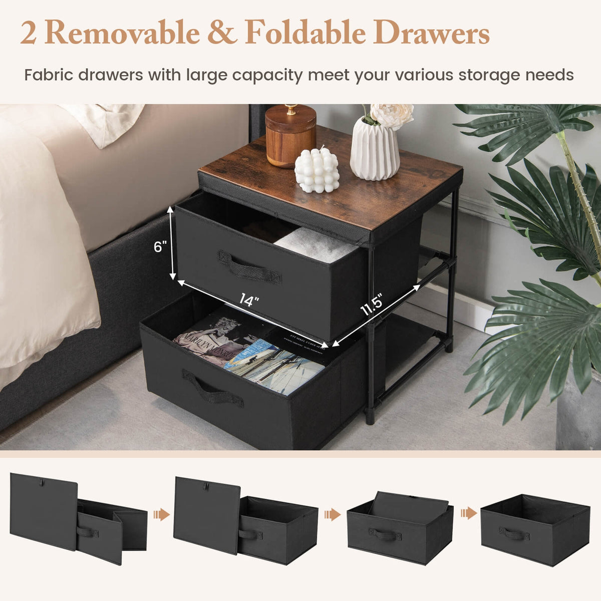 2-Drawer Nightstand with Removable Fabric Bins and Pull Handles-Black-Nightstands-DECOROLALA