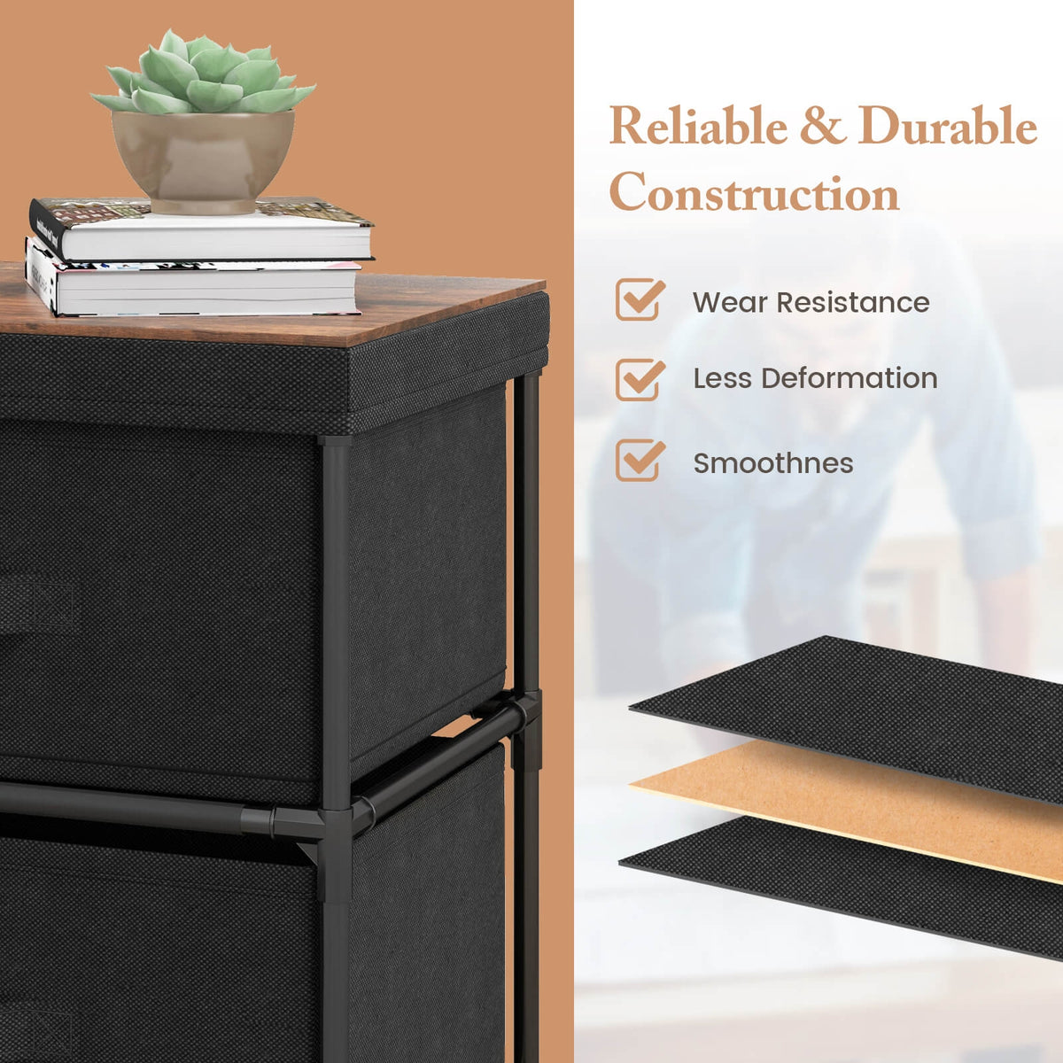 2-Drawer Nightstand with Removable Fabric Bins and Pull Handles-Black-Nightstands-DECOROLALA