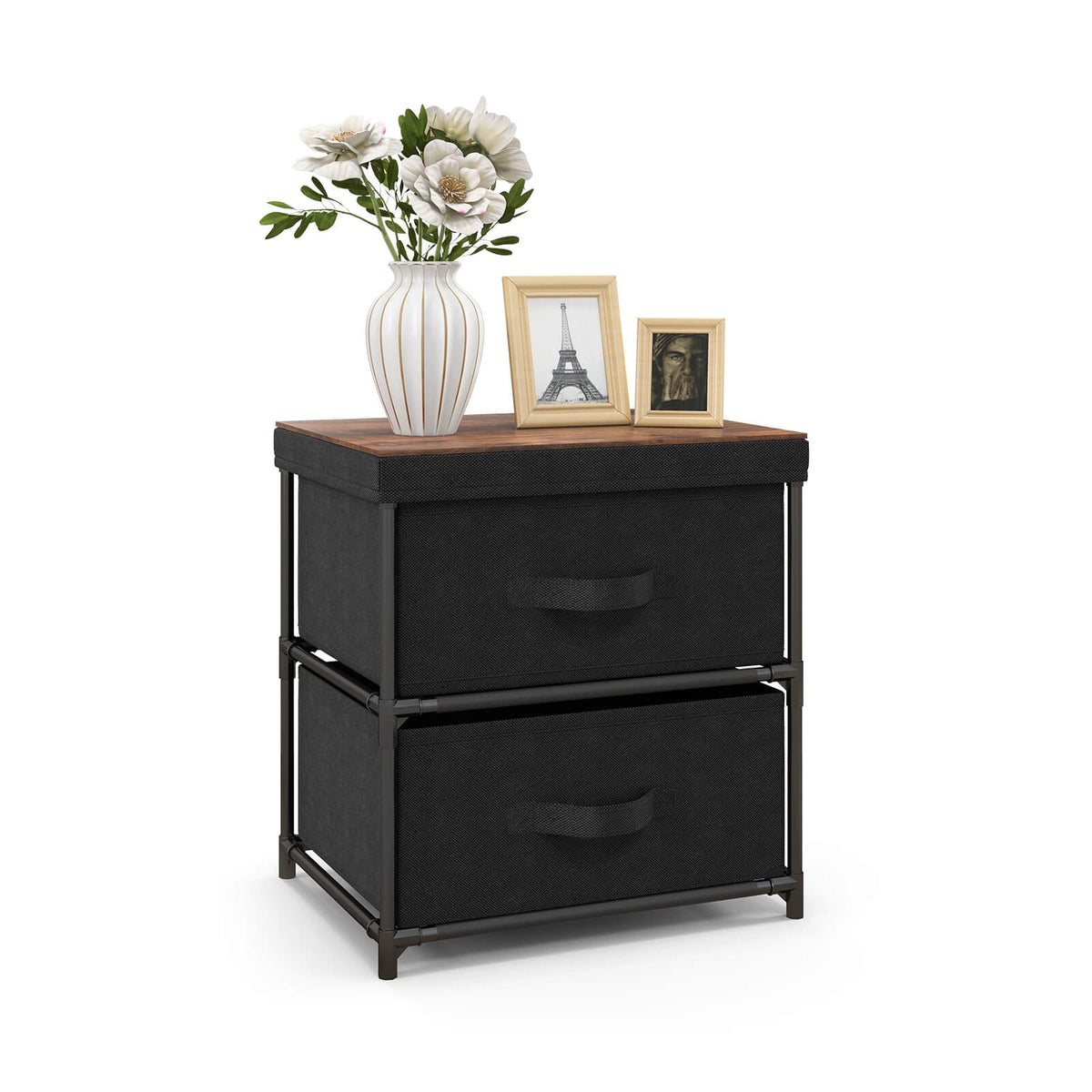 2-Drawer Nightstand with Removable Fabric Bins and Pull Handles-Black-Nightstands-DECOROLALA