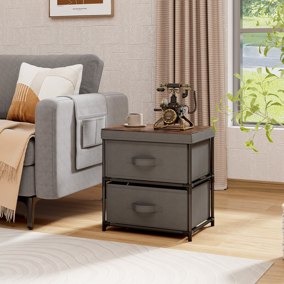 2-Drawer Nightstand with Removable Fabric Bins and Pull Handles-Gray-Nightstands-DECOROLALA
