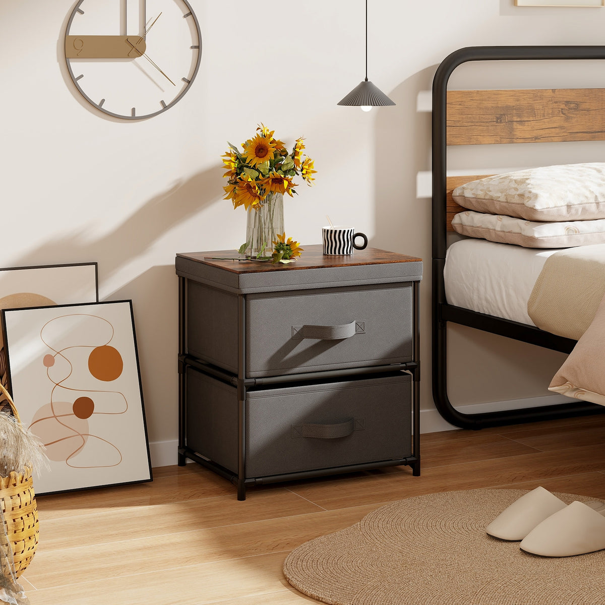 2-Drawer Nightstand with Removable Fabric Bins and Pull Handles-Gray-Nightstands-DECOROLALA