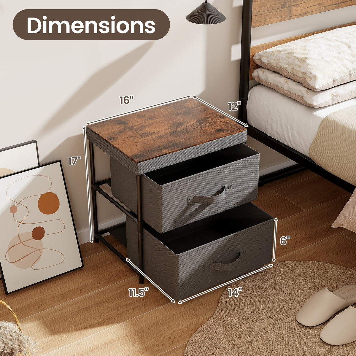 2-Drawer Nightstand with Removable Fabric Bins and Pull Handles-Gray-Nightstands-DECOROLALA