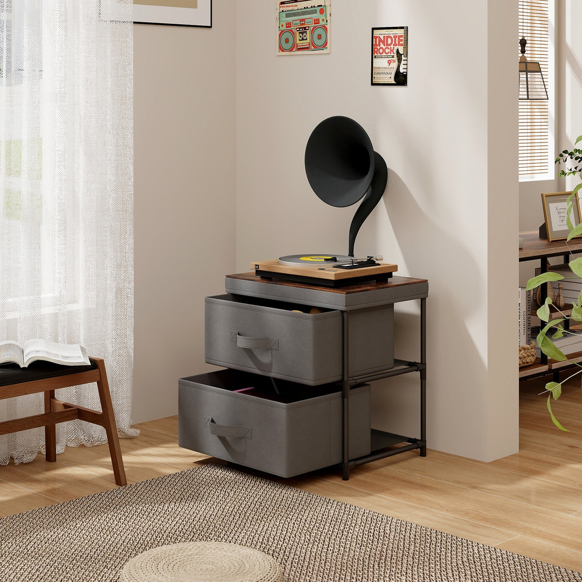 2-Drawer Nightstand with Removable Fabric Bins and Pull Handles-Gray-Nightstands-DECOROLALA