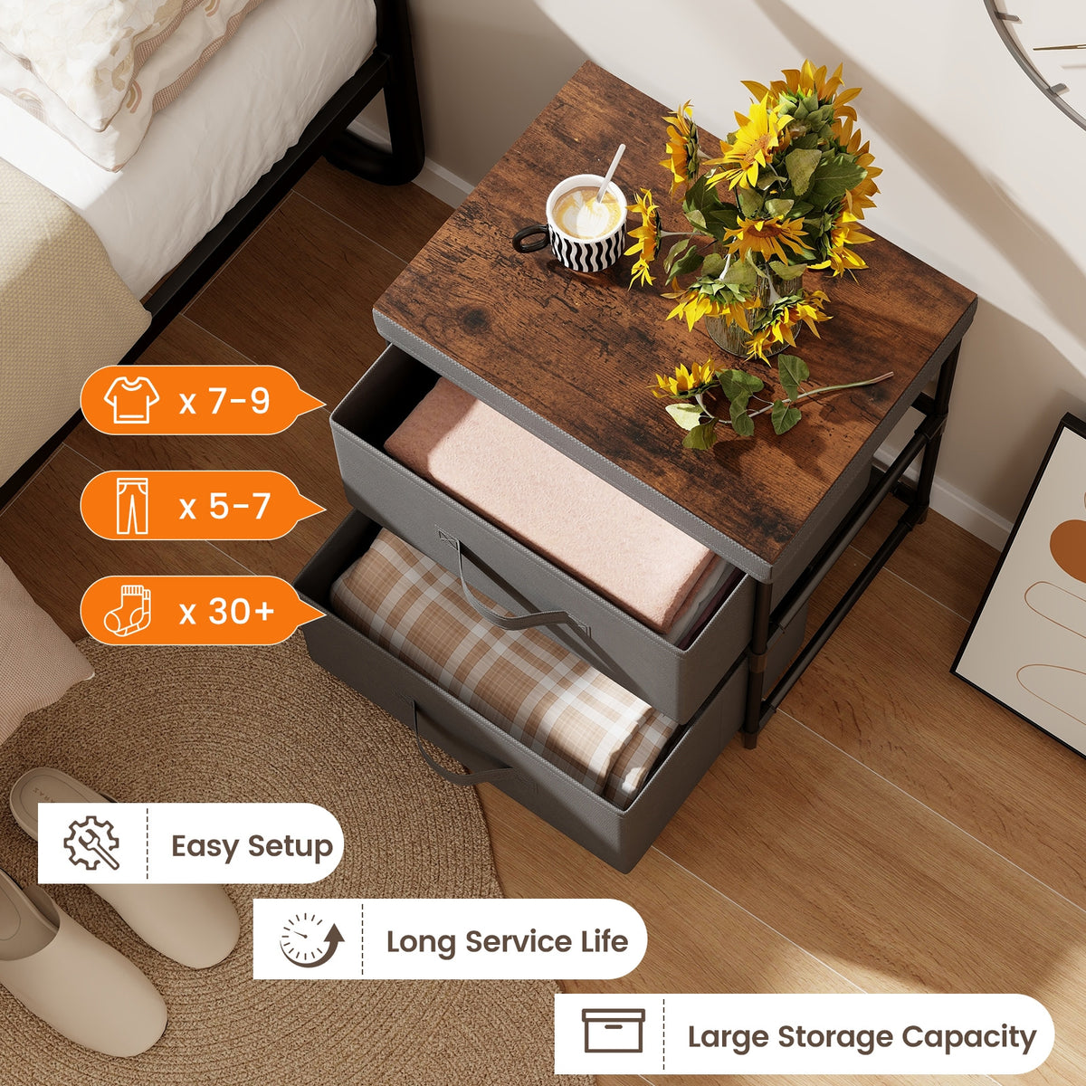 2-Drawer Nightstand with Removable Fabric Bins and Pull Handles-Gray-Nightstands-DECOROLALA