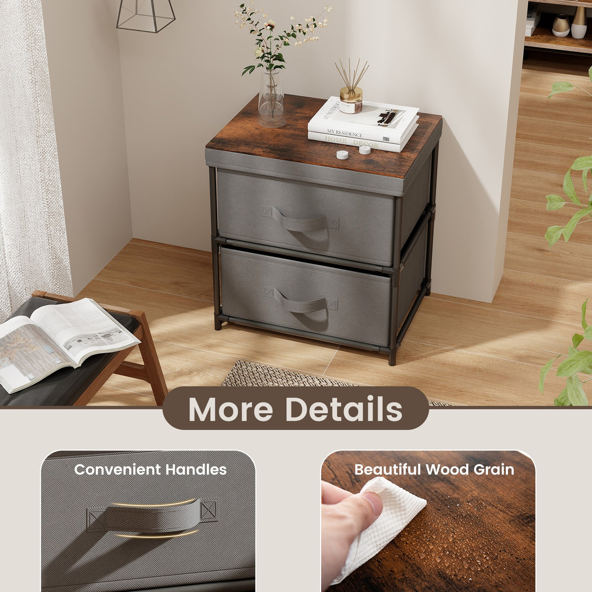 2-Drawer Nightstand with Removable Fabric Bins and Pull Handles-Gray-Nightstands-DECOROLALA