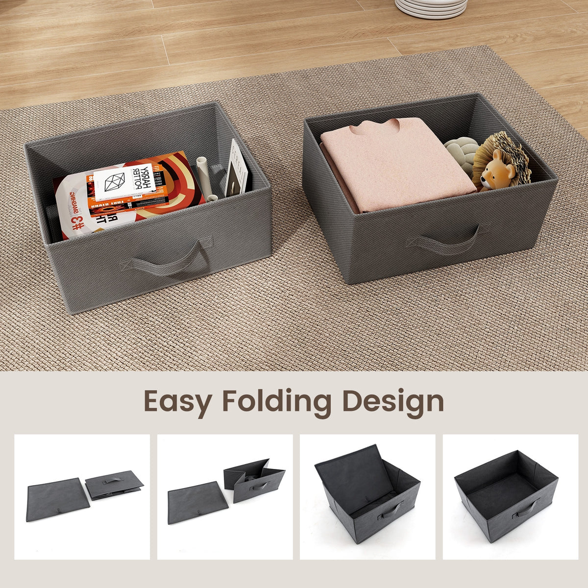 2-Drawer Nightstand with Removable Fabric Bins and Pull Handles-Gray-Nightstands-DECOROLALA