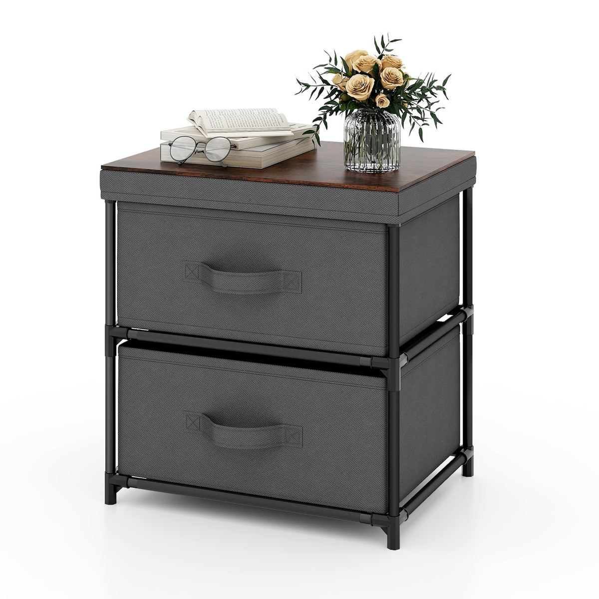 2-Drawer Nightstand with Removable Fabric Bins and Pull Handles-Gray-Nightstands-DECOROLALA