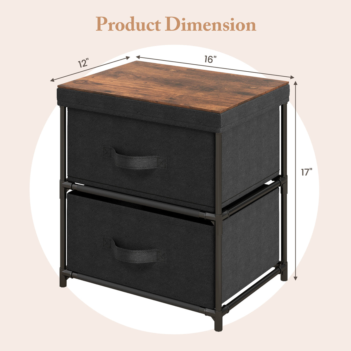 2-Drawer Nightstand with Removable Fabric Bins and Pull Handles Set of 2-Black-Nightstands-DECOROLALA