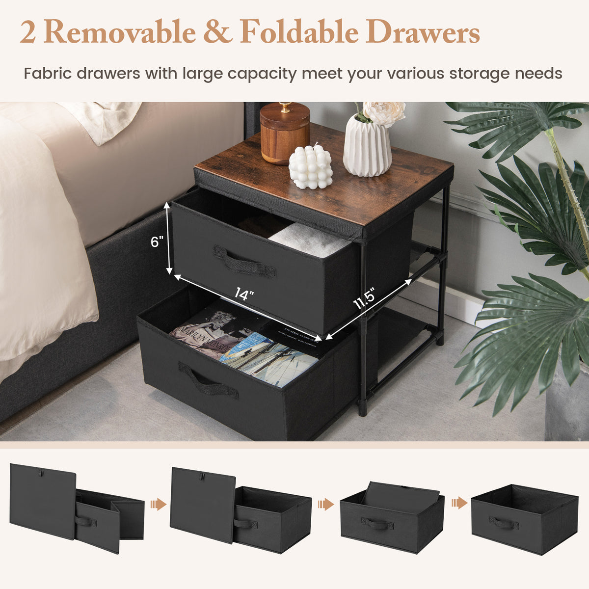 2-Drawer Nightstand with Removable Fabric Bins and Pull Handles Set of 2-Black-Nightstands-DECOROLALA