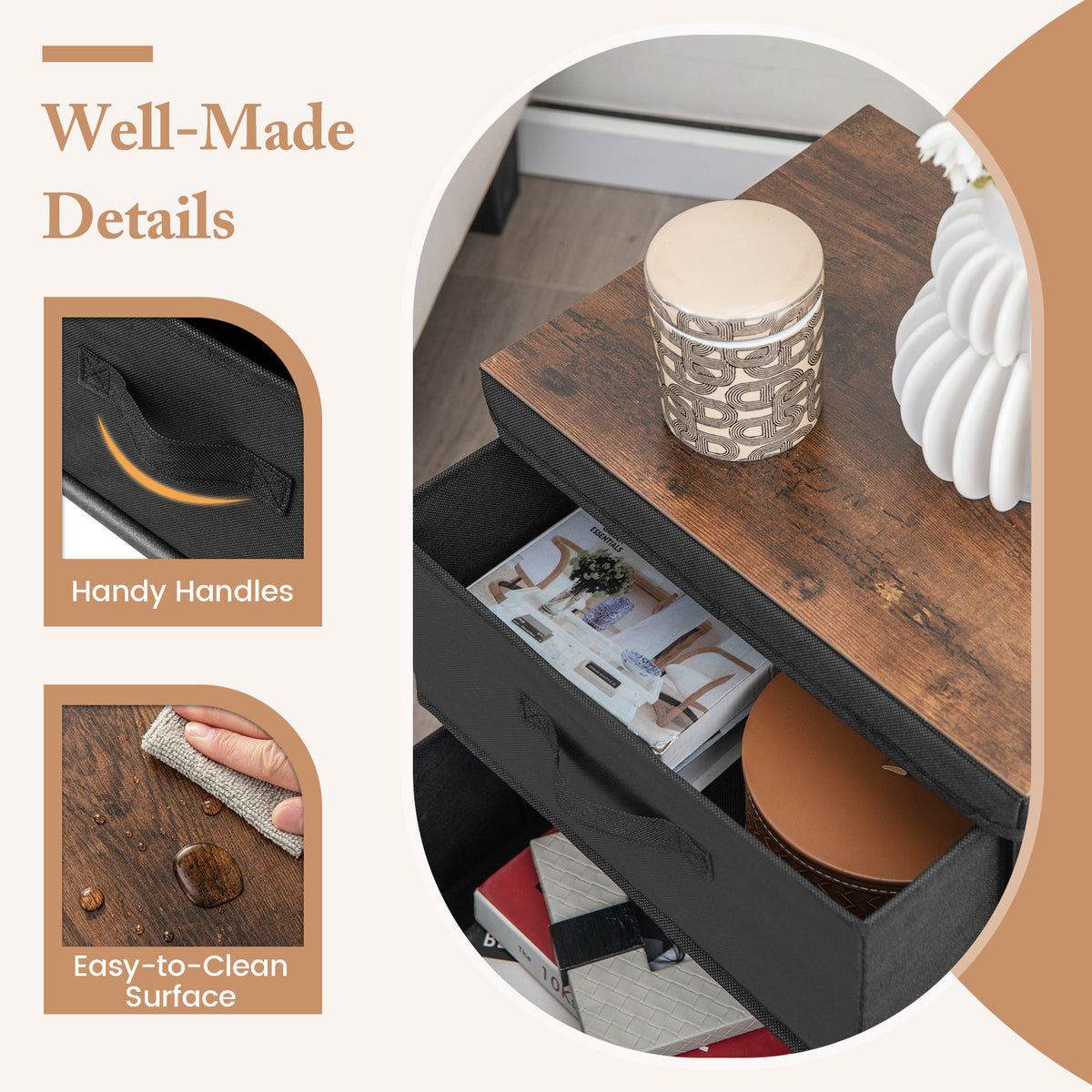 2-Drawer Nightstand with Removable Fabric Bins and Pull Handles Set of 2-Black-Nightstands-DECOROLALA