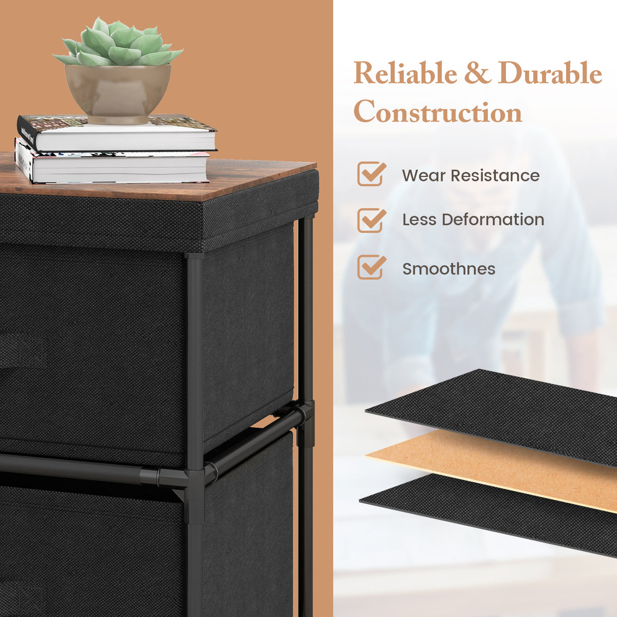 2-Drawer Nightstand with Removable Fabric Bins and Pull Handles Set of 2-Black-Nightstands-DECOROLALA