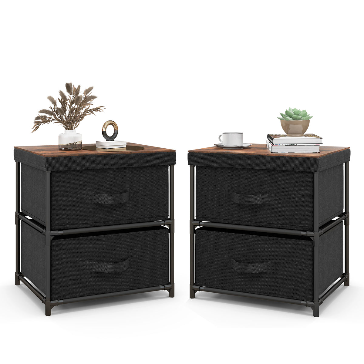 2-Drawer Nightstand with Removable Fabric Bins and Pull Handles Set of 2-Black-Nightstands-DECOROLALA