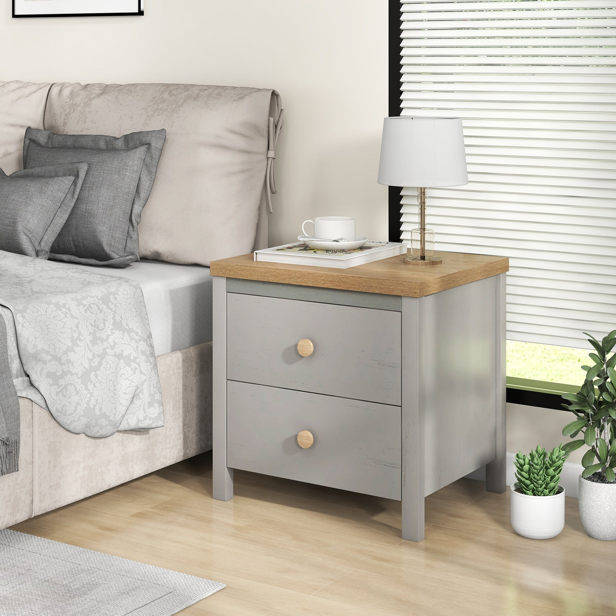 2-Drawer Nightstand with Rubber Wood Legs-Gray-Nightstands-DECOROLALA