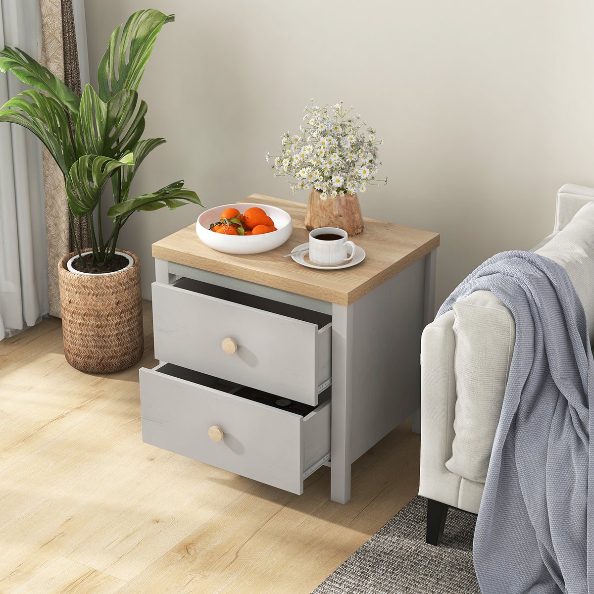 2-Drawer Nightstand with Rubber Wood Legs-Gray-Nightstands-DECOROLALA