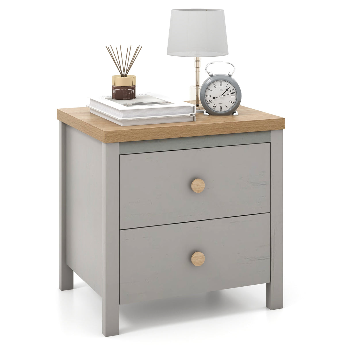 2-Drawer Nightstand with Rubber Wood Legs-Gray-Nightstands-DECOROLALA