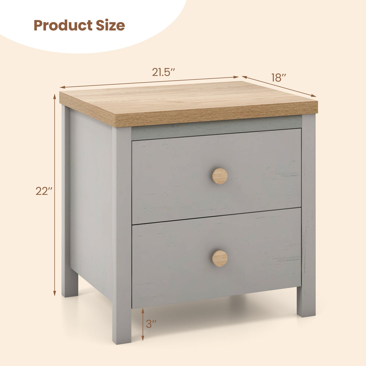 2-Drawer Nightstand with Rubber Wood Legs-Gray-Nightstands-DECOROLALA