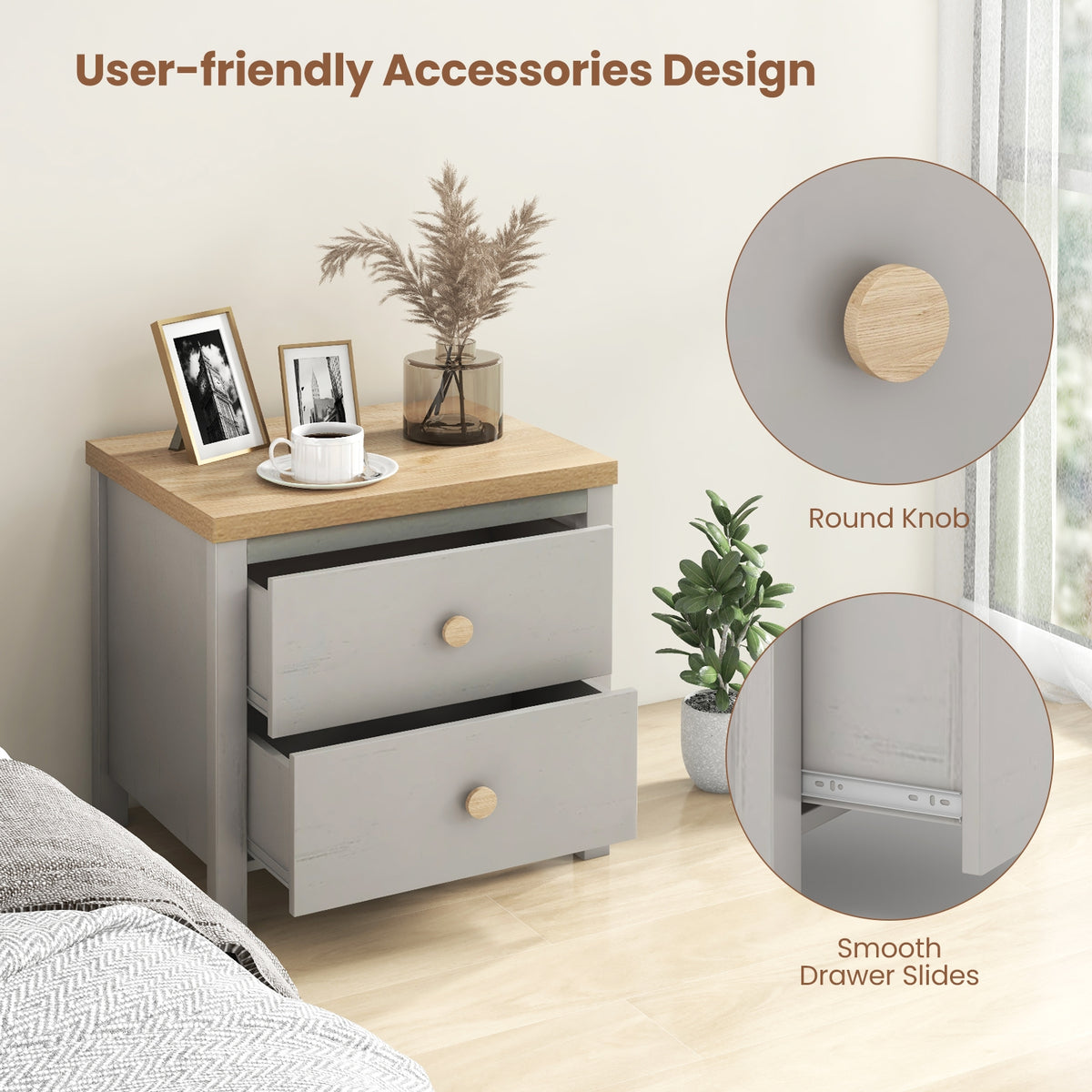 2-Drawer Nightstand with Rubber Wood Legs-Gray-Nightstands-DECOROLALA
