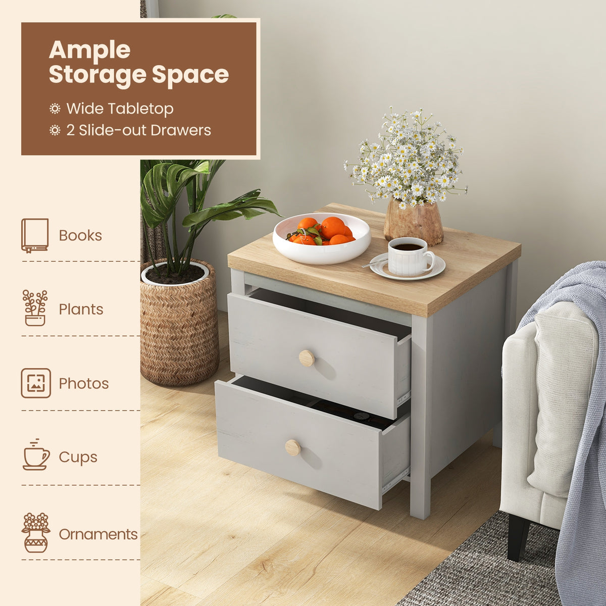 2-Drawer Nightstand with Rubber Wood Legs-Gray-Nightstands-DECOROLALA