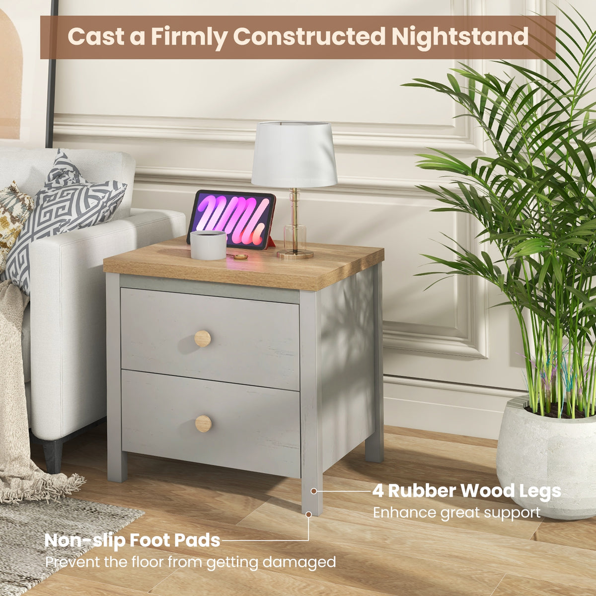 2-Drawer Nightstand with Rubber Wood Legs-Gray-Nightstands-DECOROLALA