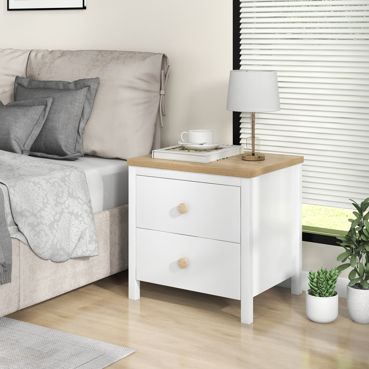 2-Drawer Nightstand with Rubber Wood Legs-White-Nightstands-DECOROLALA