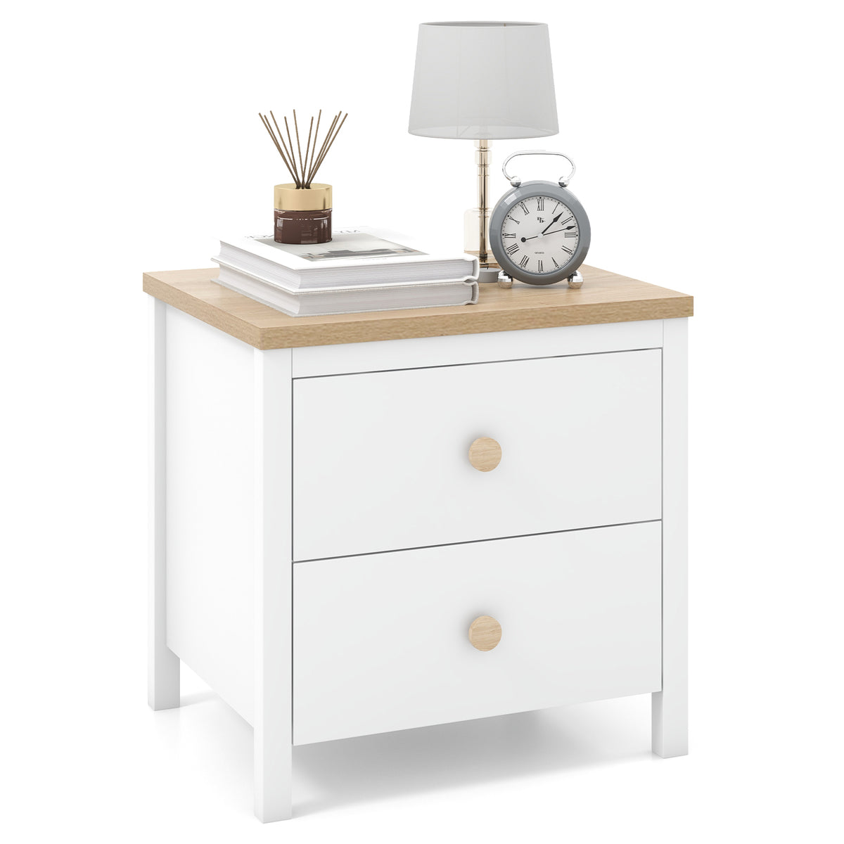 2-Drawer Nightstand with Rubber Wood Legs-White-Nightstands-DECOROLALA