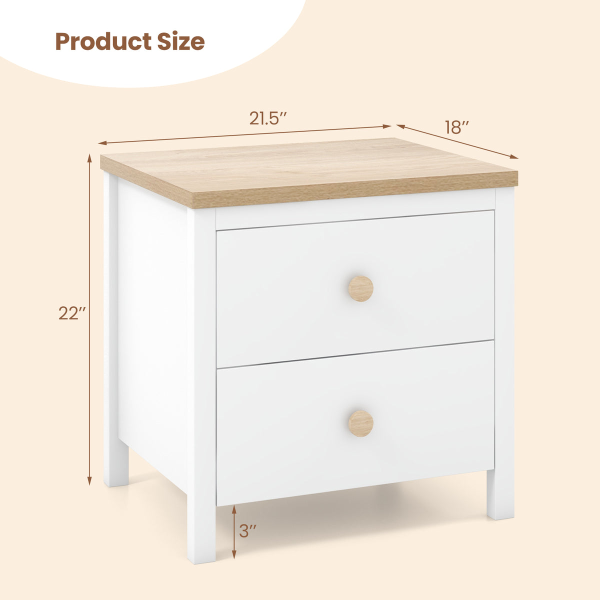 2-Drawer Nightstand with Rubber Wood Legs-White-Nightstands-DECOROLALA