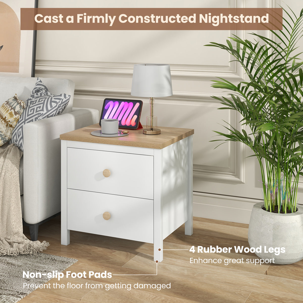 2-Drawer Nightstand with Rubber Wood Legs-White-Nightstands-DECOROLALA