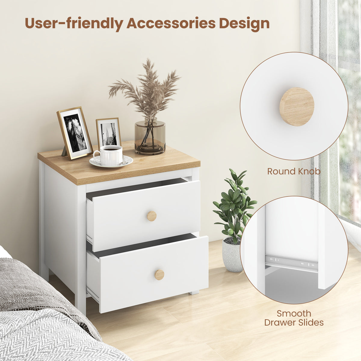2-Drawer Nightstand with Rubber Wood Legs-White-Nightstands-DECOROLALA