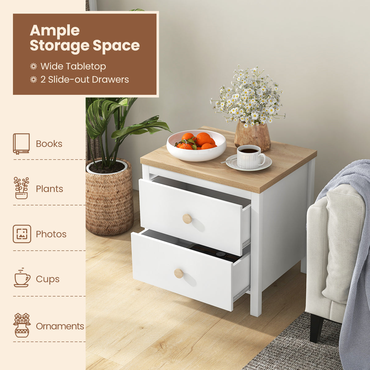 2-Drawer Nightstand with Rubber Wood Legs-White-Nightstands-DECOROLALA