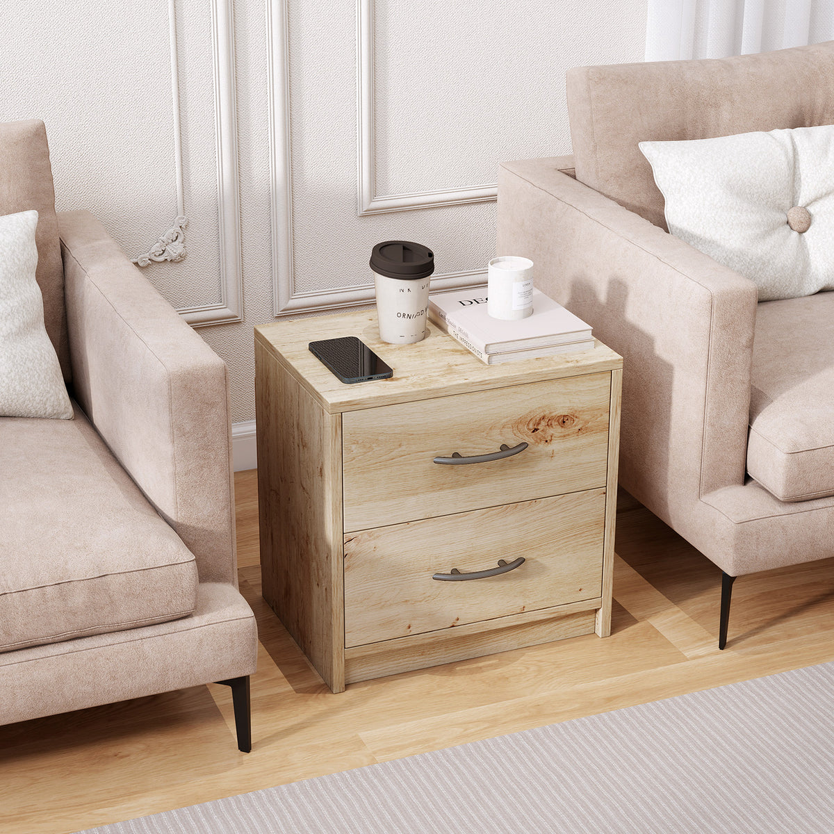 2 Drawer Nightstand with Storage for Living Room-Oak-Nightstands-DECOROLALA