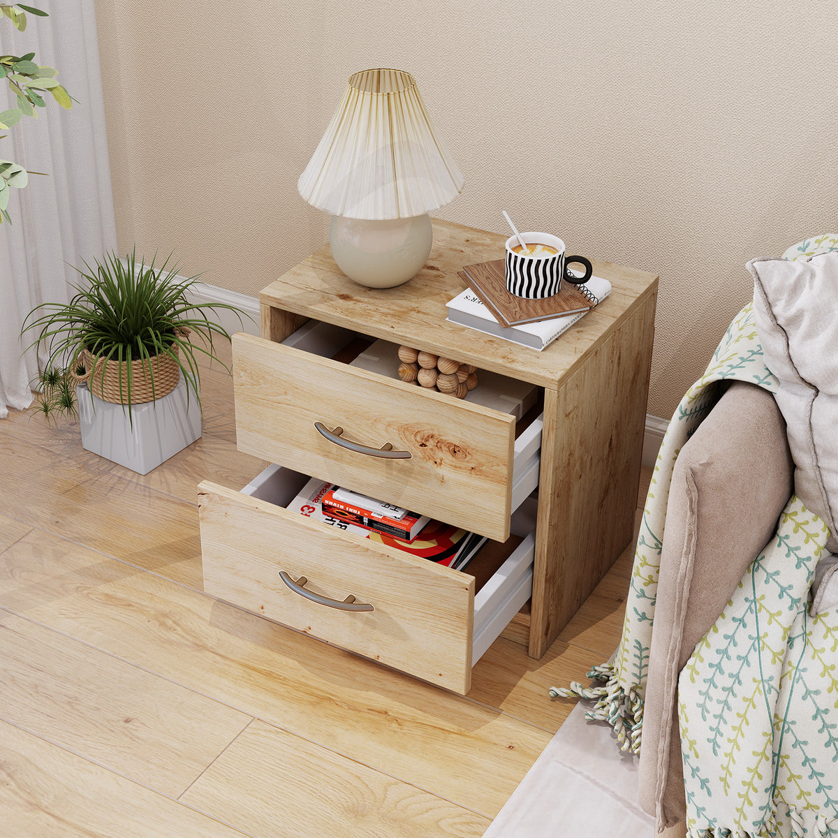 2 Drawer Nightstand with Storage for Living Room-Oak-Nightstands-DECOROLALA