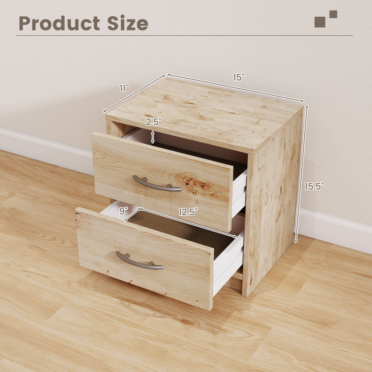 2 Drawer Nightstand with Storage for Living Room-Oak-Nightstands-DECOROLALA