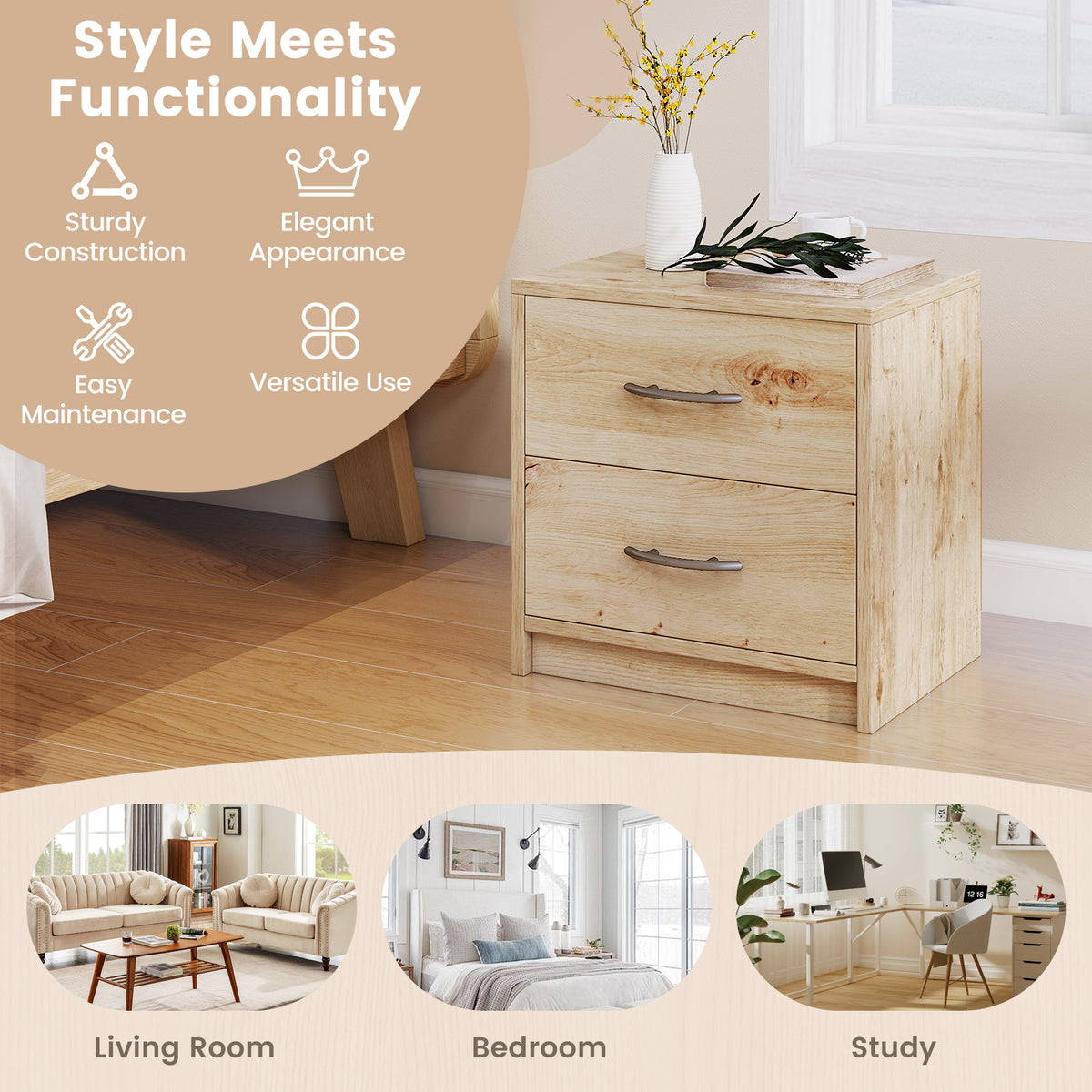 2 Drawer Nightstand with Storage for Living Room-Oak-Nightstands-DECOROLALA