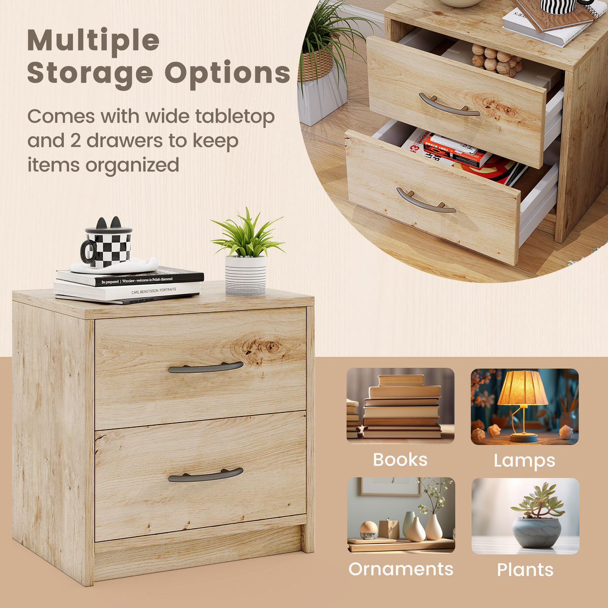 2 Drawer Nightstand with Storage for Living Room-Oak-Nightstands-DECOROLALA
