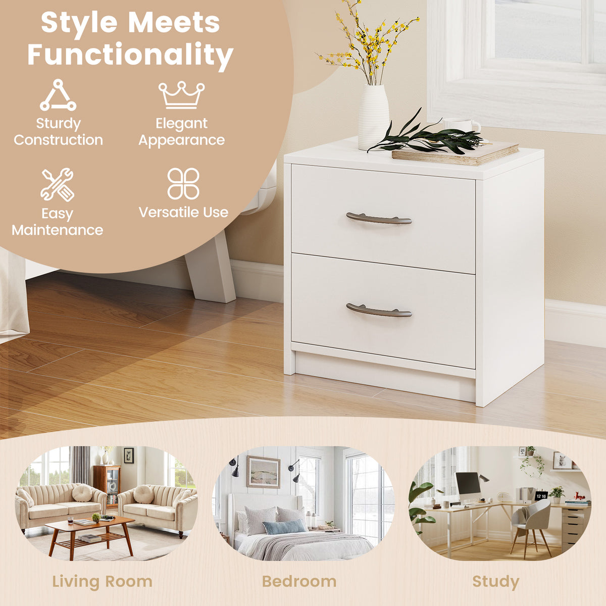 2 Drawer Nightstand with Storage for Living Room-White-Nightstands-DECOROLALA