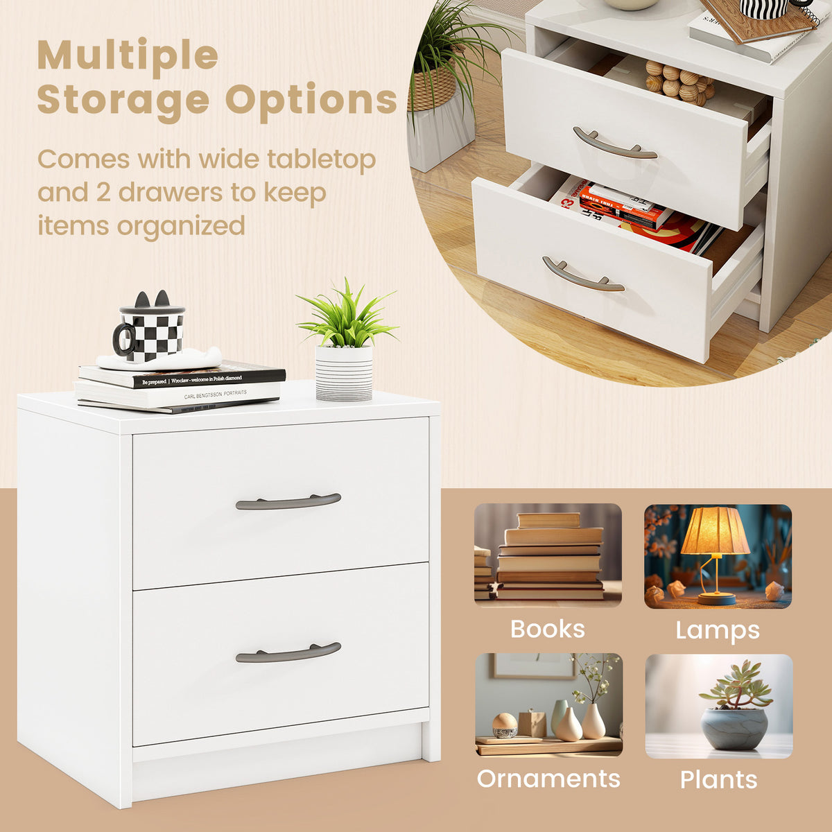 2 Drawer Nightstand with Storage for Living Room-White-Nightstands-DECOROLALA