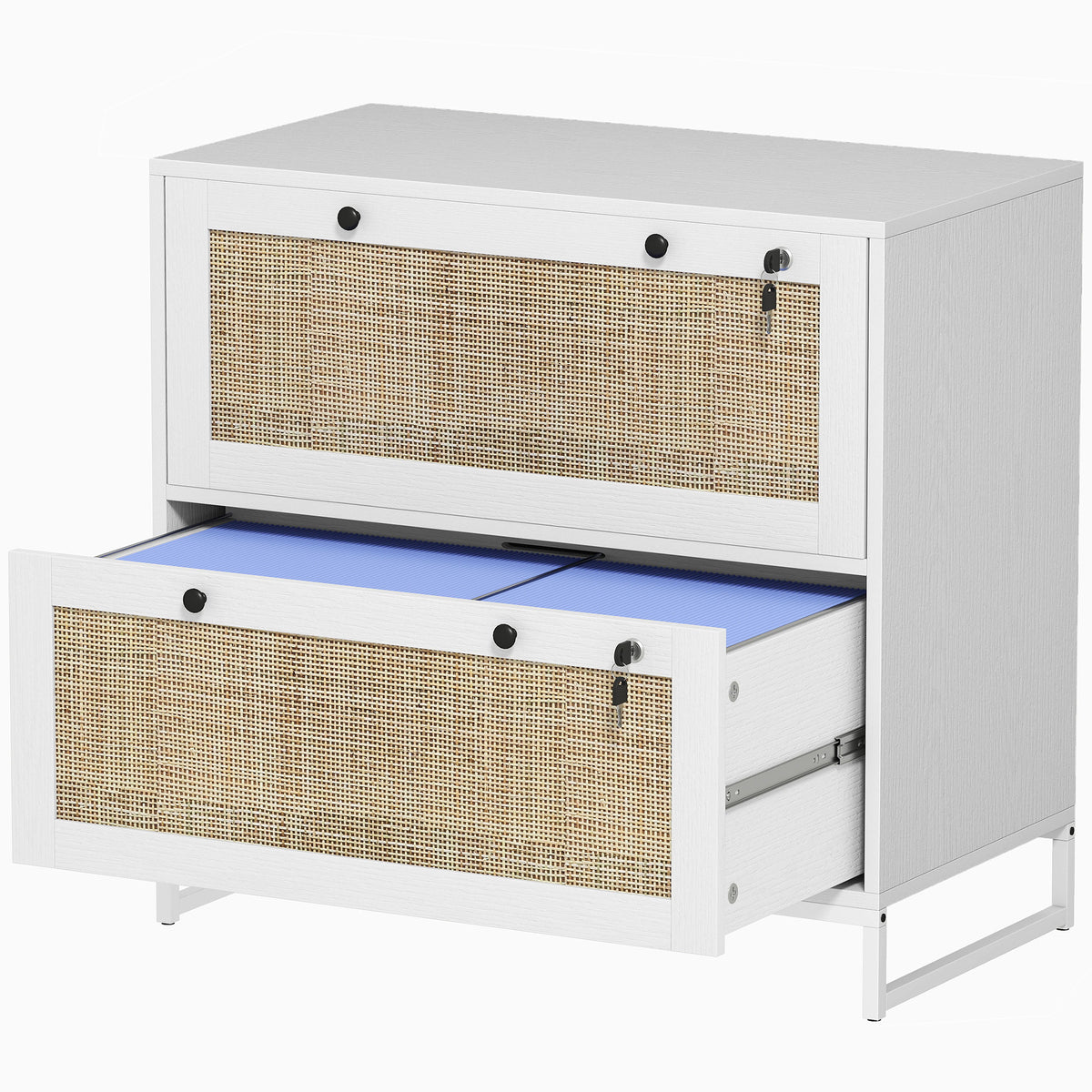2-Drawer Rattan File Cabinet with Lock - White 29.5"-Office Storage Cabinets-DECOROLALA
