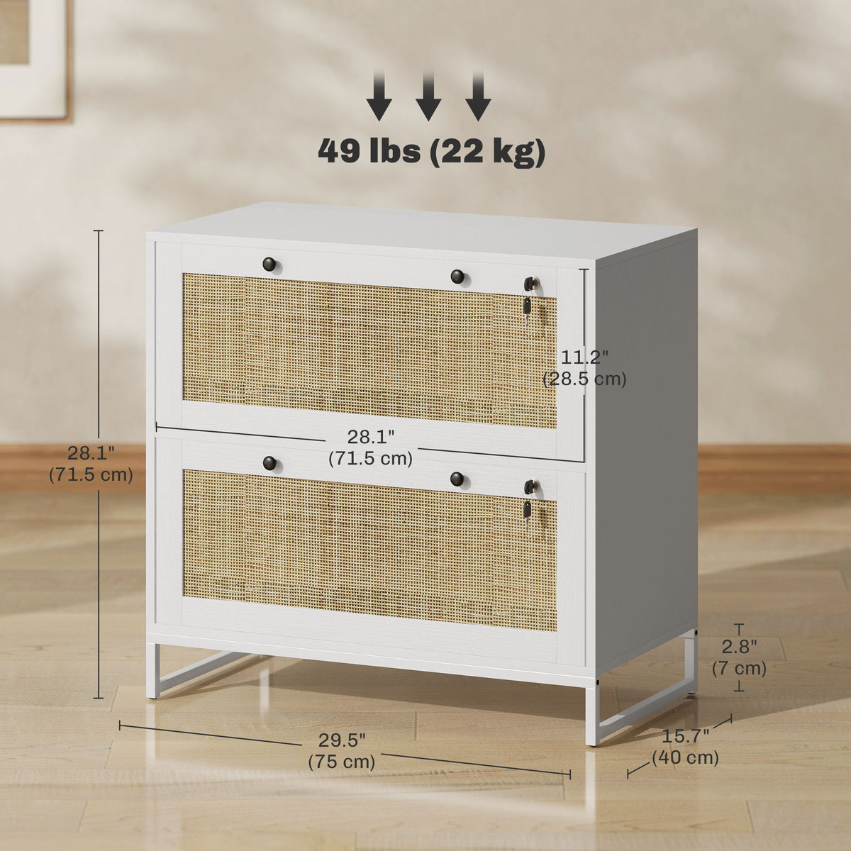 2-Drawer Rattan File Cabinet with Lock - White 29.5"-Office Storage Cabinets-DECOROLALA