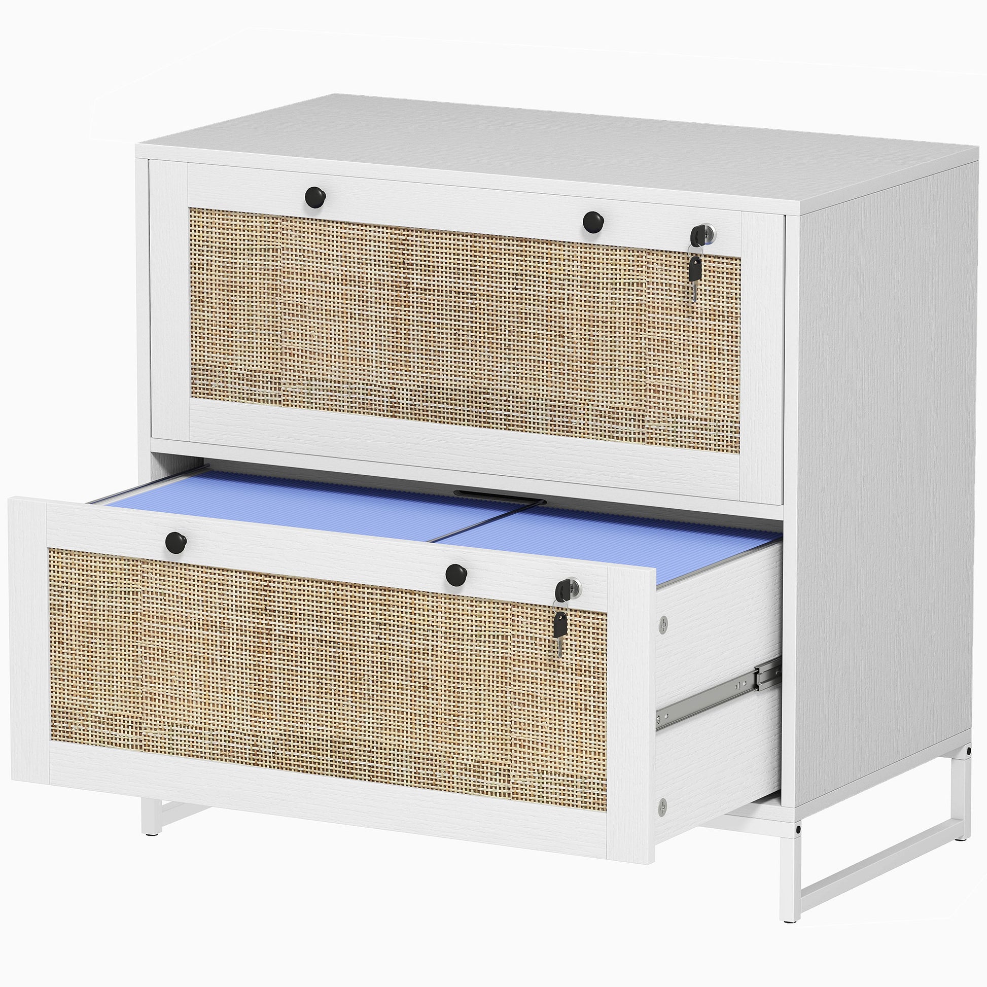 2-Drawer Rattan Filing Cabinet, White with Lock, Adjustable Bar-DECOROLALA