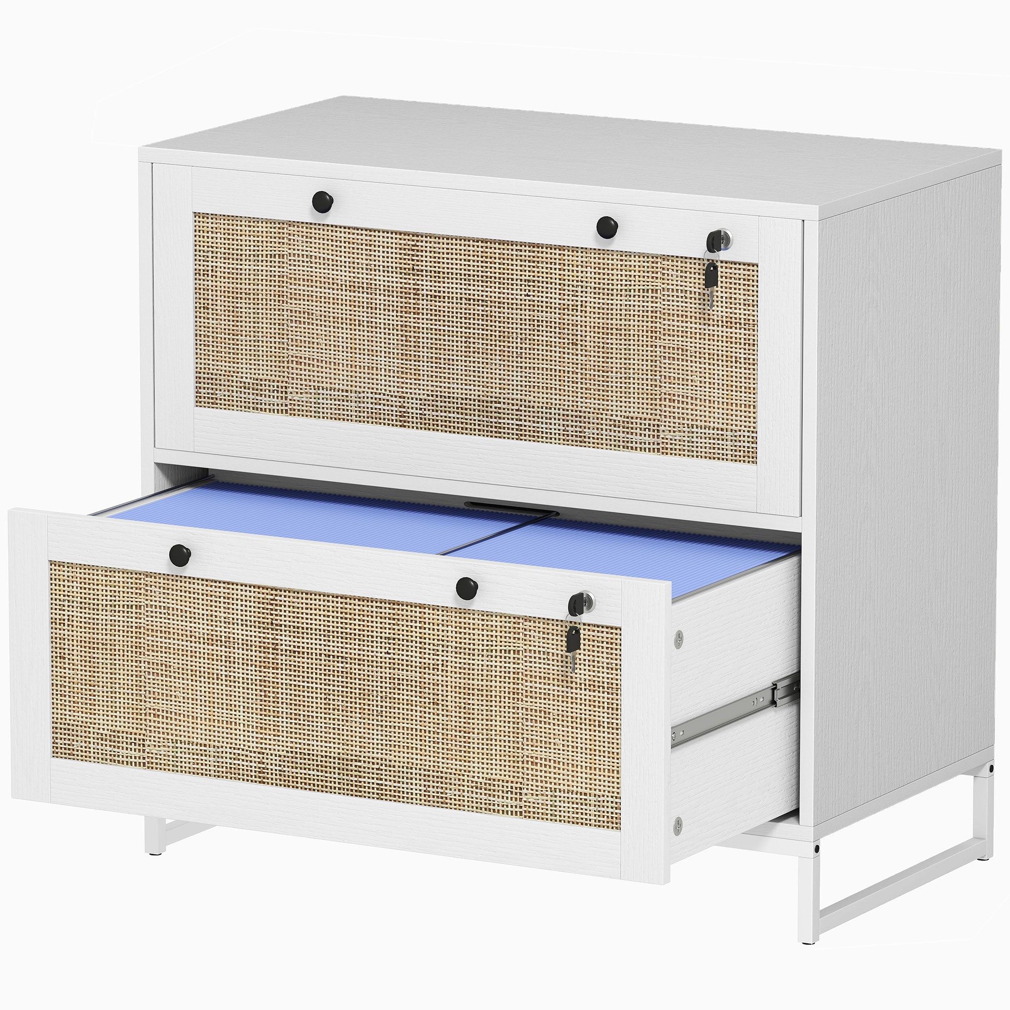 2-Drawer Rattan Filing Cabinet, White with Lock, Adjustable Bar-DECOROLALA